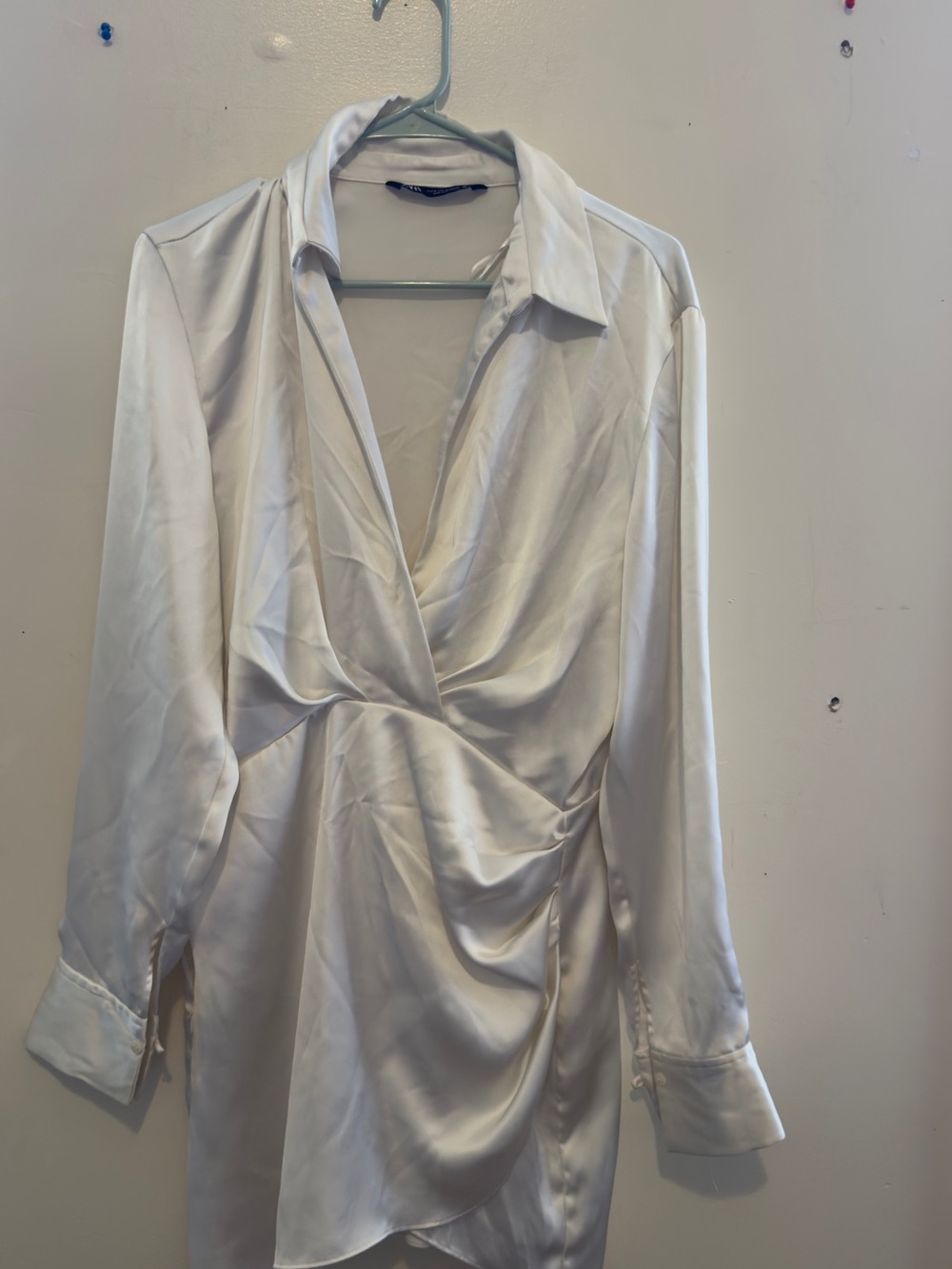 Zara White Satin Drape Button-Down Wrap Blouse